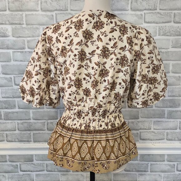 Loft Striped Floral Pintucked V-Neck Peplum Blouse Puff Sleeve Cottage NEW M - Picture 3 of 8